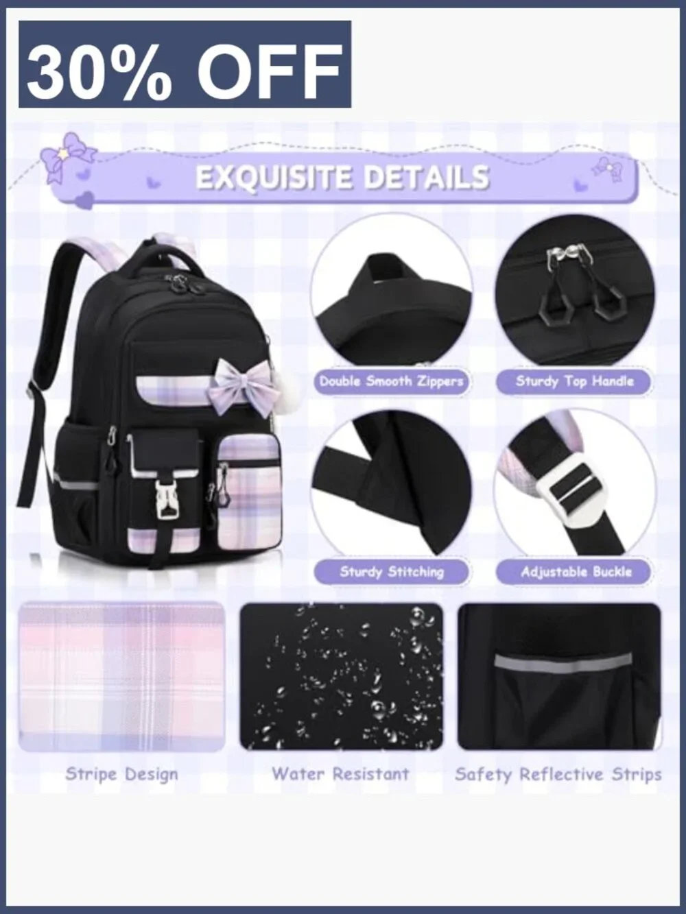 Girls Plaid Backpack Set with Lunch Bag and Pen Case, School Bookbag for Middle